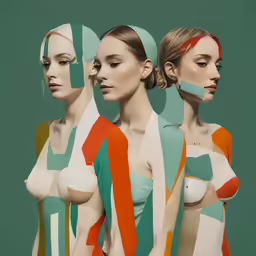 three women with multicolored dresses and nipples