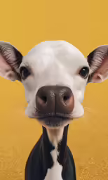 a black and white cow has big ears