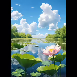 a beautiful scene with lily pads and blue sky