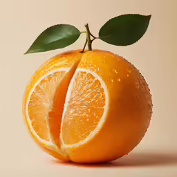 orange fruit cut in half with a green leaf sticking out