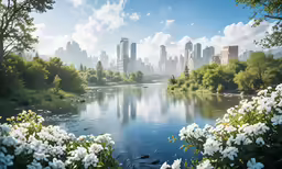 a beautiful landscape scene with flowers and water