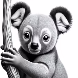 the cute koala is looking out from behind a tree