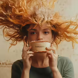 a young woman is holding her coffee cup with some frizzle on top of her head