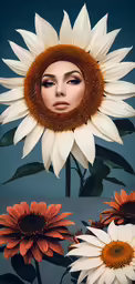 a woman is shown in front of sunflowers