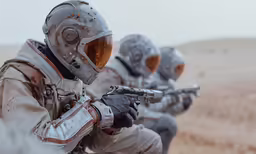 the two men are wearing different costumes and weapons