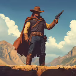 a man in western clothing and hat holding a gun on a rocky outcropping
