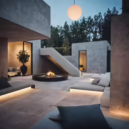 the courtyard of a house with fireplace and outdoor seating