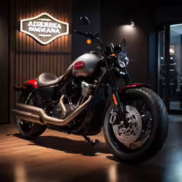 a close up of a motorcycle parked in front of a business
