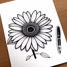 the sunflower drawing is being drawn on paper with a pen,a drawing of a large sunflower with leaves