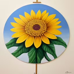 a painting on a round shaped wall hanging,the painting on the wall depicts a large yellow sunflower
