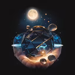 a hand holding an object with many orbs and planets in the background