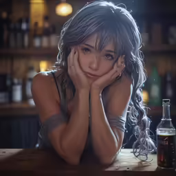 a girl with her hands on her face sits at a table next to a bottle