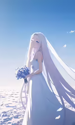 a bride holding a bouquet while standing in snow