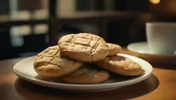 some cookies are on a plate next to a cup