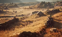 an arid field covered in grass and rocks