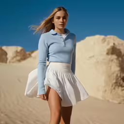 a woman in blue shirt and white skirt walking