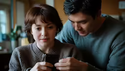 a young man and woman are looking at a cell phone