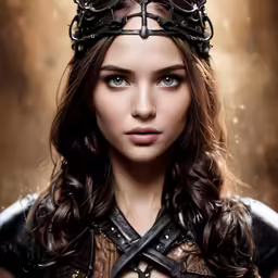 a woman is wearing an ornate crown and leather