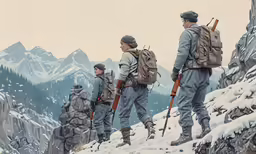 three men walking in the snow with backpacks on