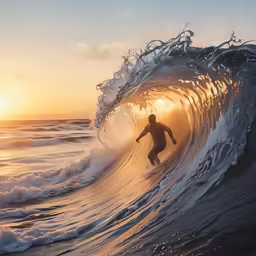 the man is surfing under the big wave