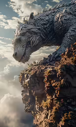 a white, intricate creature sitting on the edge of a cliff