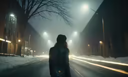a person with long hair in the snow looking at buildings
