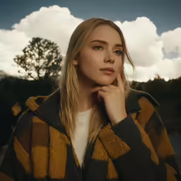 a close up of a person standing with clouds behind her