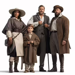 three people dressed in period costumes standing with a little boy