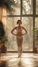 a girl with a bra looking out of a window