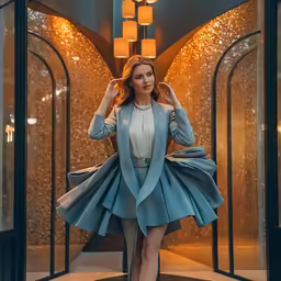 a woman with long red hair is standing in front of a glass elevator