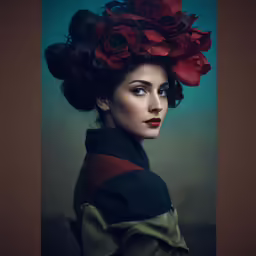 a woman wearing a large flower in her hair
