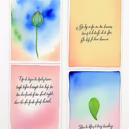 4 cards with an image of the words the day of the flower,four colorful watercolor paintings with a poem in each square