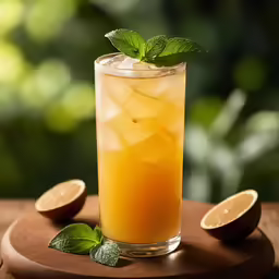 the glass has some drink and garnish in it