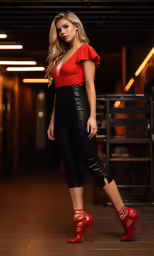 a beautiful woman wearing red heels and a red top