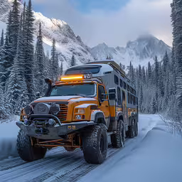 the vehicle is driving through a snowy area,a truck on a snowy road with trees