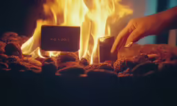 a person reaching for a block of chocolate near flames