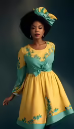 an african american woman posing for a photograph wearing a yellow dress