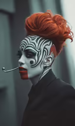 a man with long red hair is wearing face paint