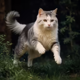 a gray and white cat is walking outside