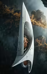a futuristic white and grey clock next to rocks