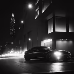 a black and white picture of a car parked in the street