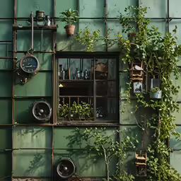 a window with plants next to it and a shelf on the wall