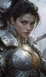 a woman in armor holding two swords