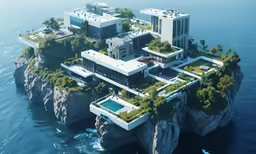 an aerial view of an island house with a swimming pool