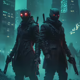 two men in costume and lights standing in front of tall buildings