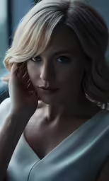 a woman sitting down with a serious look on her face
