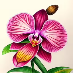 drawing of a purple orchid flower with green leaves,a drawing of a flower with purple and yellow centers