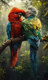 a painting of an orange and blue parrot sitting next to a green parrot