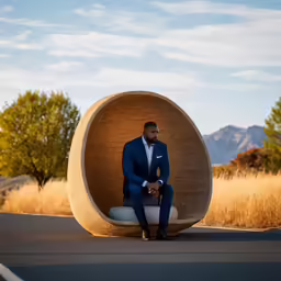 the man is sitting on the concrete outside