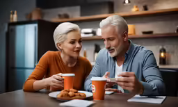 man and woman looking at their smart phone while sitting at a table